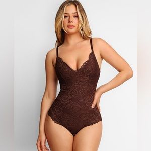 Popilush Lace Smooth Firm Control Thong Bodysuit, Sz XXL, Brown